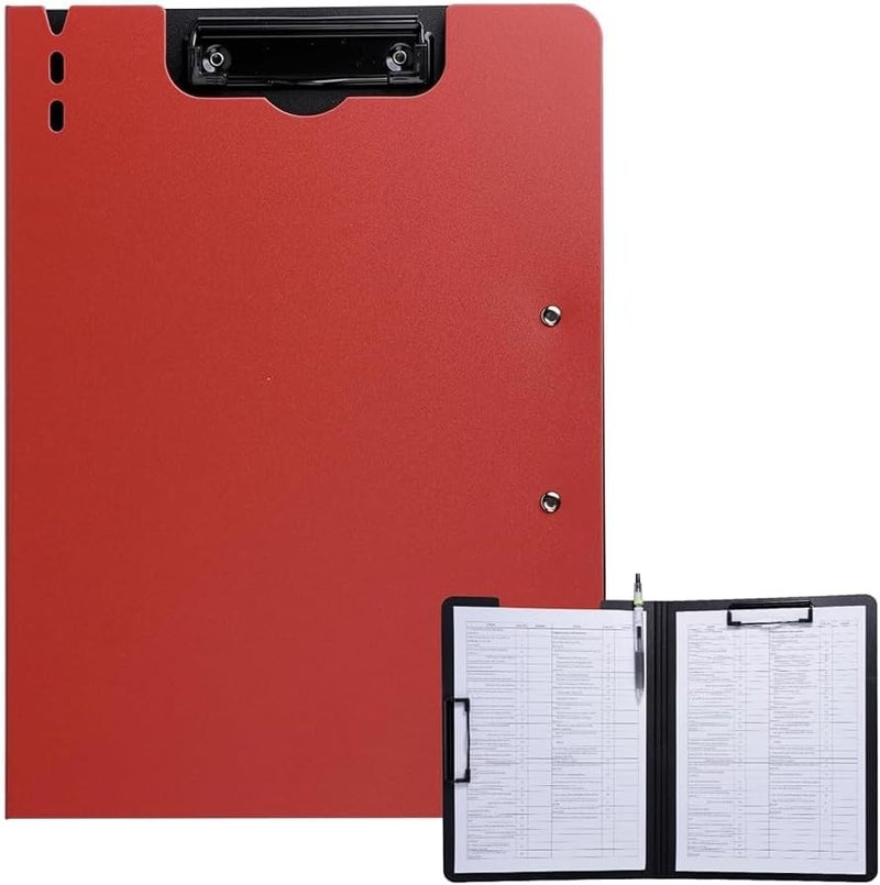 FRETONBA Clipboard Folder, A4 Foldable Clipboard with Horizontal and Vertical Double Metal Clips, 360 Degree Foldable Binder Clipboards with Pen Holder, File Cover Work Folder Clipboards, Red - Image 1